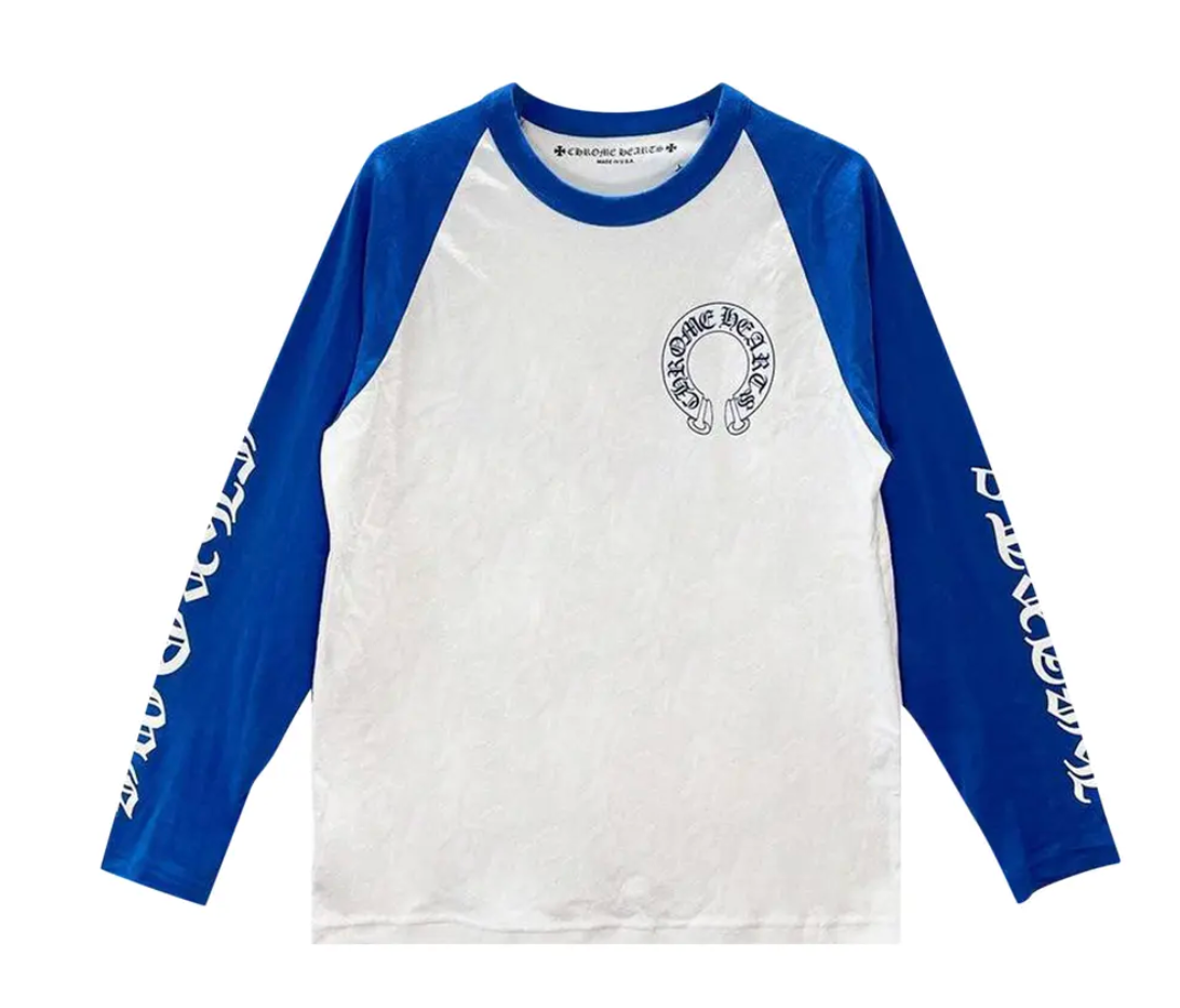 Men's horseshoe baseball long sleeve shirt in navy with white horseshoe graphic, casual athletic style, Shopify brand.