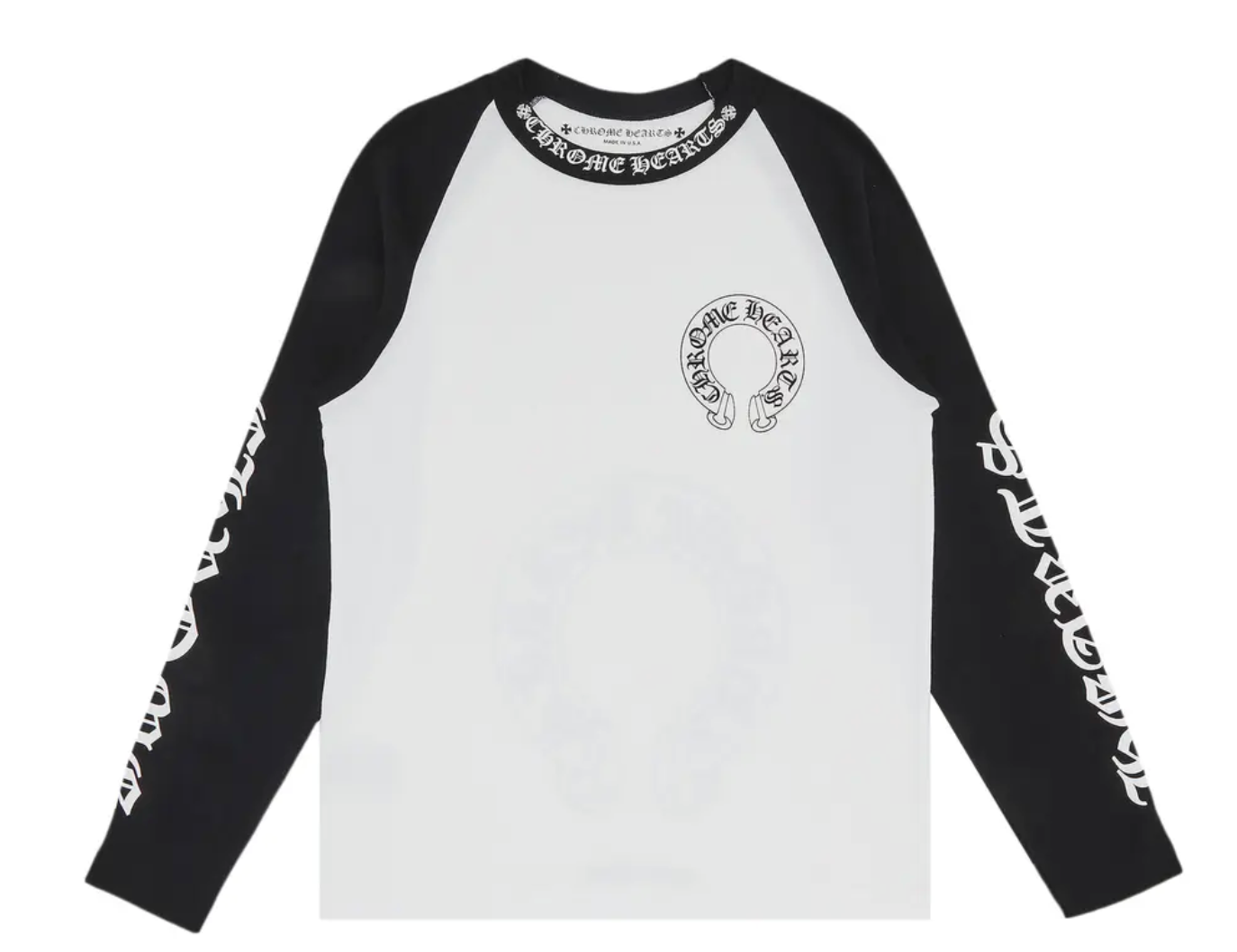 Men's horseshoe baseball long sleeve shirt in black and white with horseshoe graphic on the front, casual athletic apparel.