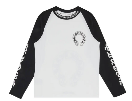 Men's horseshoe baseball long sleeve shirt in black and white with horseshoe graphic on the front, casual athletic apparel.