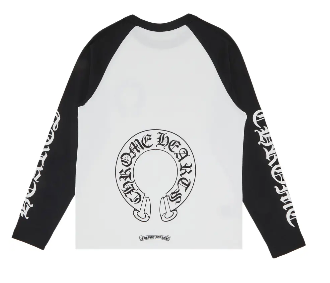 Men's horseshoe baseball long sleeve shirt by Shopify, shown in a close-up image featuring the design and fabric details.